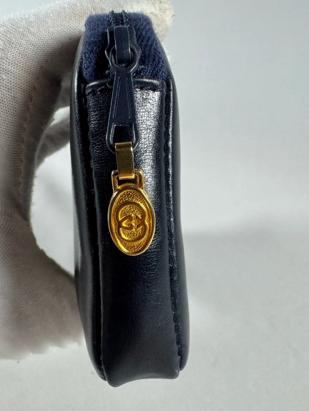 Gucci Vintage Navy Leather Pouch with Gold Double G Accent. Great condition